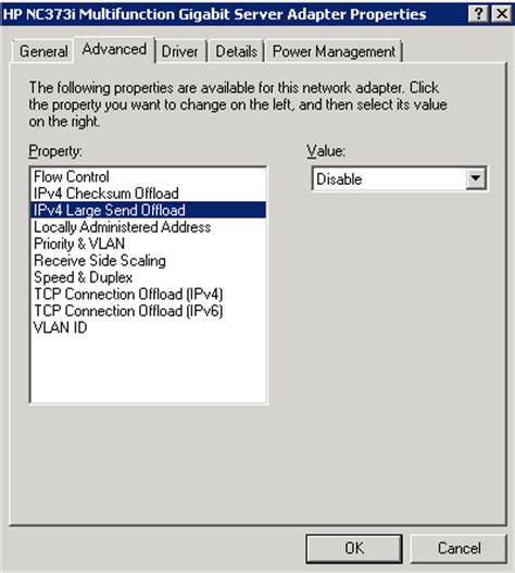 Tcp large send offload ipv4 A dialog box displays the status of the adapter. . Large send offload v2 ipv4 enable or disable